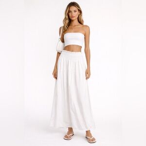 Stark X white cotton maxi skirt with ruched elastic waist. Made in USA. Medium.